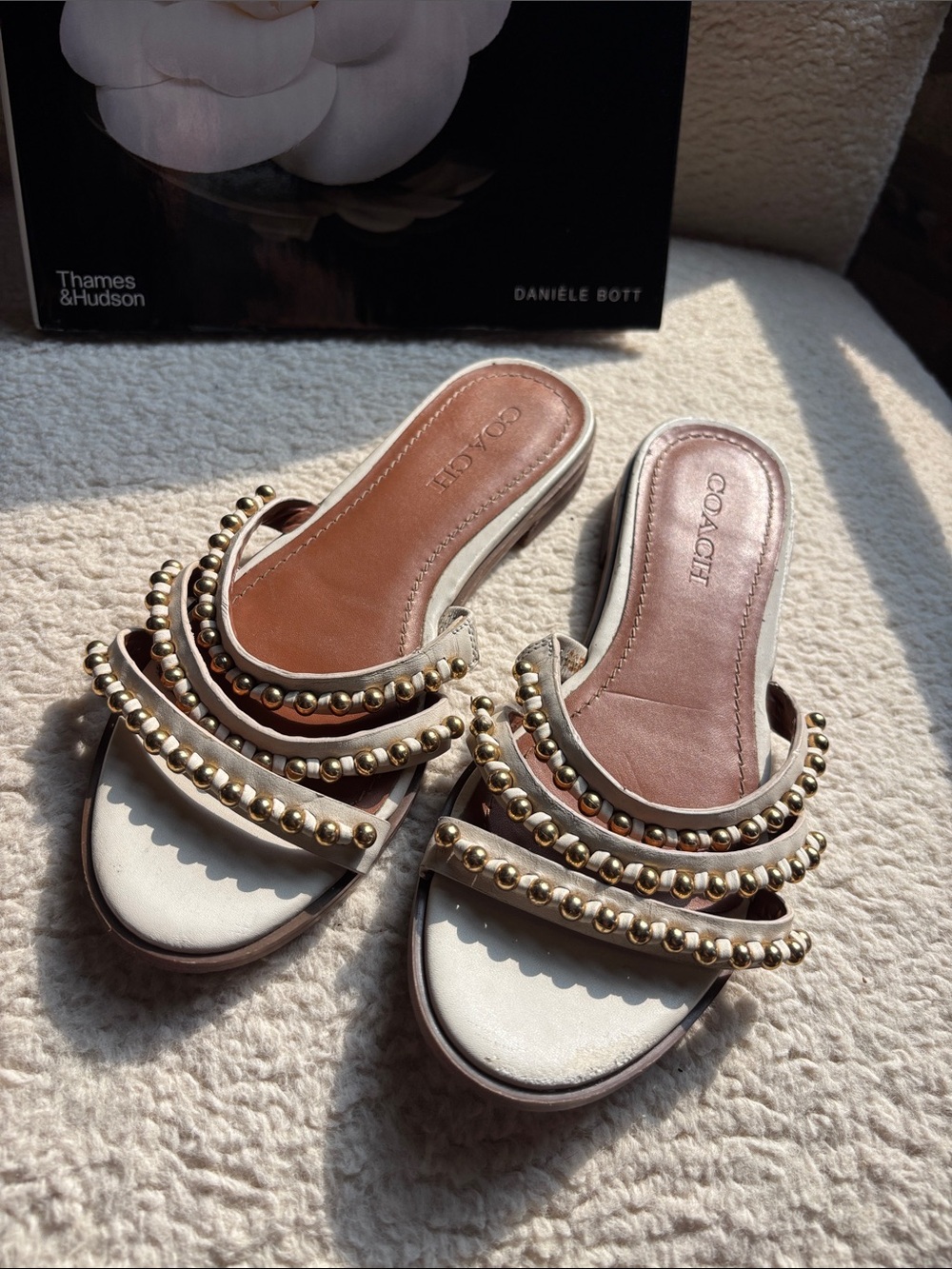 COACH Cream Leather Slide Sandals with Gold Bead Straps